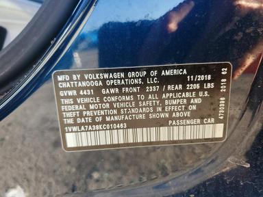 Вид 2019 VOLKSWAGEN PASSAT WOLFSBURG, угол 12