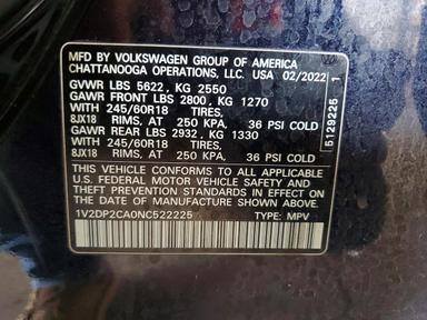 Vedere 2022 VOLKSWAGEN ATLAS SE, unghi 12
