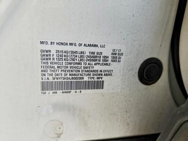 Vue de 2018 HONDA PILOT EX, angle 13