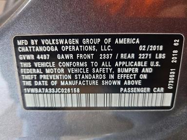Vedere 2018 VOLKSWAGEN PASSAT SE, unghi 12