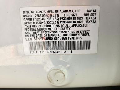 2014 HONDA PILOT TOURING view, angle 13